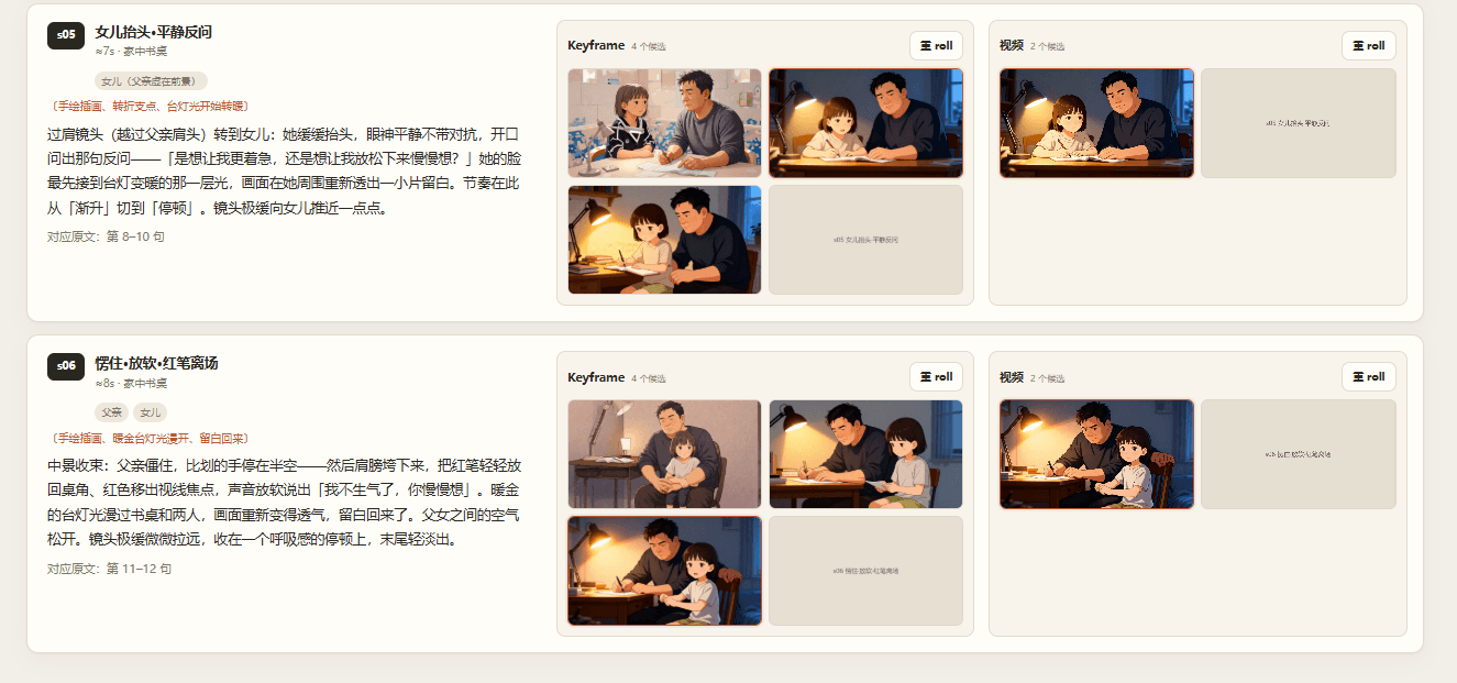 镜头工作区：逐镜生成 Keyframe 与视频，保留所有候选